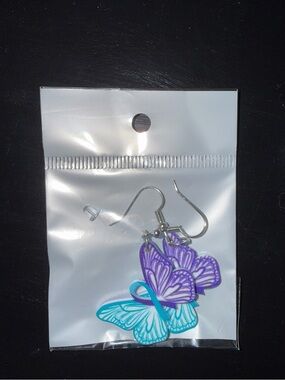 Purple and Teal Butterfly Suicide Prevention Awareness Drop Earrings